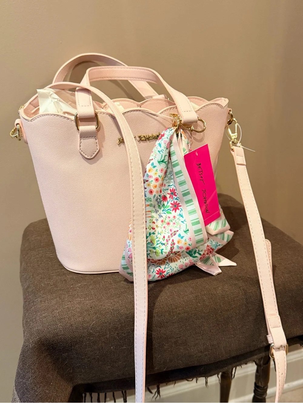 Betsey Johnson Light Pink Bucket Shoulder Bag with Floral Scarf Tie